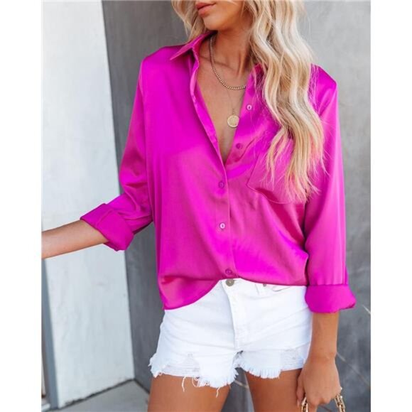 Satin Button Down Shirts for Women Dark Pink - Picture 3 of 5
